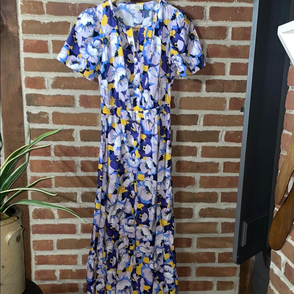 LOFT Blue and Purple Wrap Maxi Dress